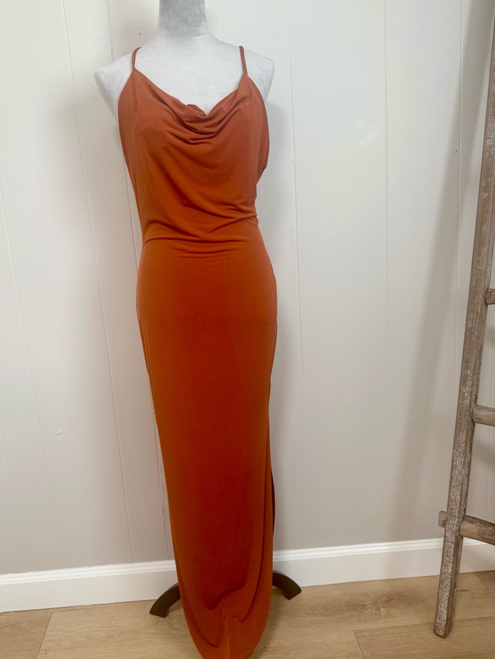 Cowl Neck Backless Maxi Dress in Rust